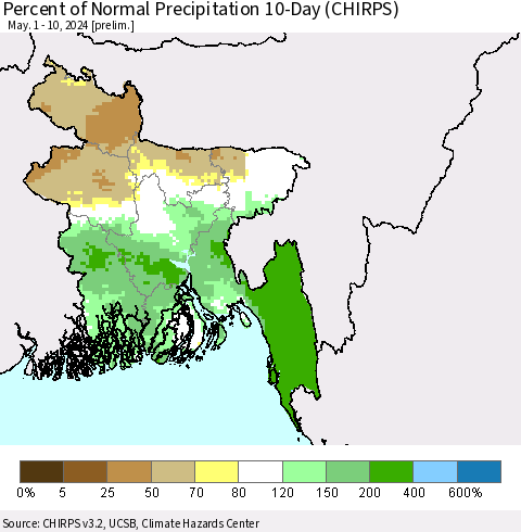Bangladesh Percent of Normal Precipitation 10-Day (CHIRPS) Thematic Map For 5/1/2024 - 5/10/2024