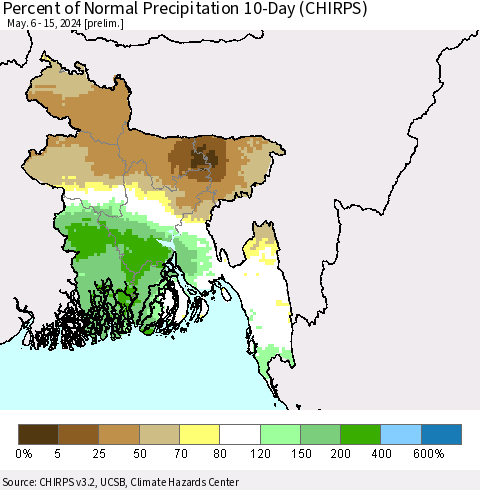 Bangladesh Percent of Normal Precipitation 10-Day (CHIRPS) Thematic Map For 5/6/2024 - 5/15/2024