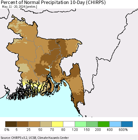 Bangladesh Percent of Normal Precipitation 10-Day (CHIRPS) Thematic Map For 5/11/2024 - 5/20/2024