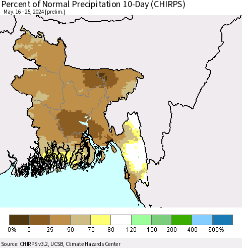 Bangladesh Percent of Normal Precipitation 10-Day (CHIRPS) Thematic Map For 5/16/2024 - 5/25/2024
