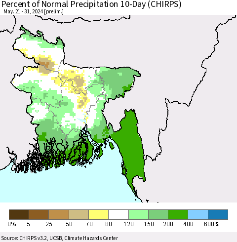 Bangladesh Percent of Normal Precipitation 10-Day (CHIRPS) Thematic Map For 5/21/2024 - 5/31/2024