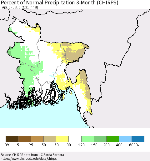 Bangladesh Percent of Normal Precipitation 3-Month (CHIRPS) Thematic Map For 4/6/2021 - 7/5/2021