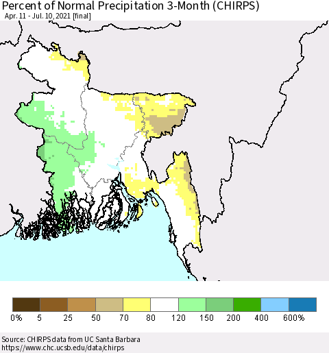 Bangladesh Percent of Normal Precipitation 3-Month (CHIRPS) Thematic Map For 4/11/2021 - 7/10/2021