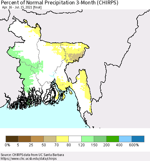 Bangladesh Percent of Normal Precipitation 3-Month (CHIRPS) Thematic Map For 4/16/2021 - 7/15/2021