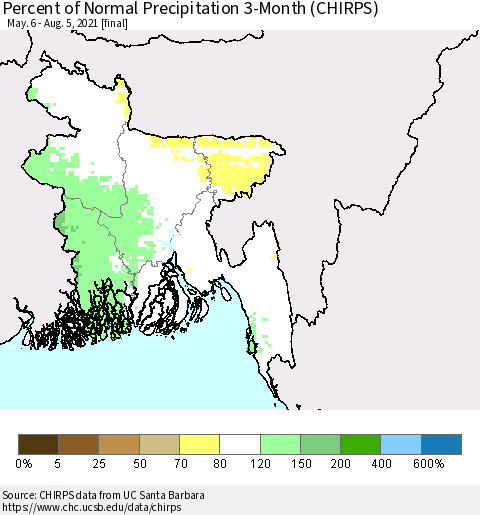 Bangladesh Percent of Normal Precipitation 3-Month (CHIRPS) Thematic Map For 5/6/2021 - 8/5/2021