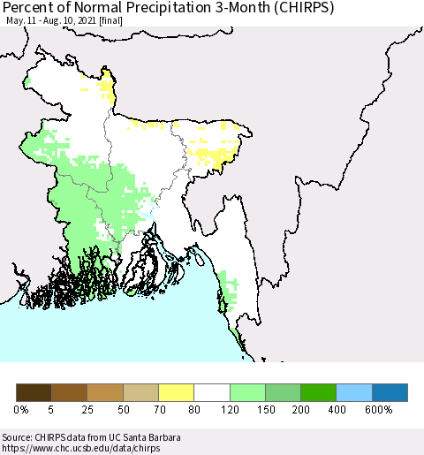 Bangladesh Percent of Normal Precipitation 3-Month (CHIRPS) Thematic Map For 5/11/2021 - 8/10/2021