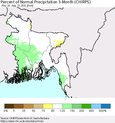 Bangladesh Percent of Normal Precipitation 3-Month (CHIRPS) Thematic Map For 5/16/2021 - 8/15/2021