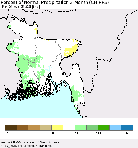 Bangladesh Percent of Normal Precipitation 3-Month (CHIRPS) Thematic Map For 5/26/2021 - 8/25/2021