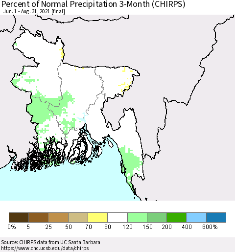 Bangladesh Percent of Normal Precipitation 3-Month (CHIRPS) Thematic Map For 6/1/2021 - 8/31/2021
