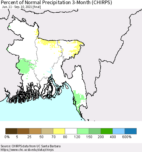 Bangladesh Percent of Normal Precipitation 3-Month (CHIRPS) Thematic Map For 6/11/2021 - 9/10/2021