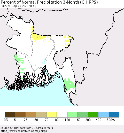 Bangladesh Percent of Normal Precipitation 3-Month (CHIRPS) Thematic Map For 6/21/2021 - 9/20/2021
