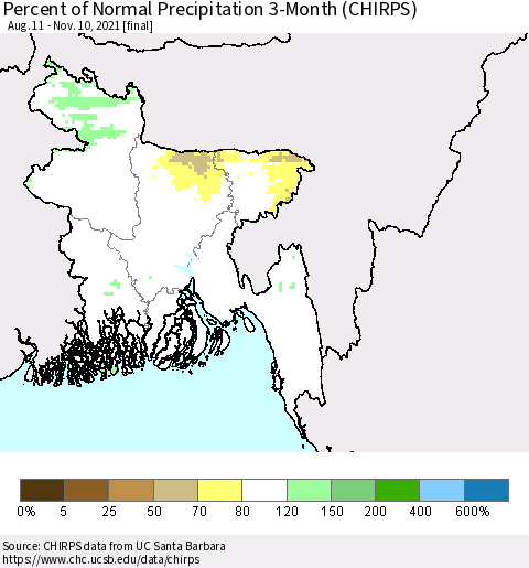 Bangladesh Percent of Normal Precipitation 3-Month (CHIRPS) Thematic Map For 8/11/2021 - 11/10/2021