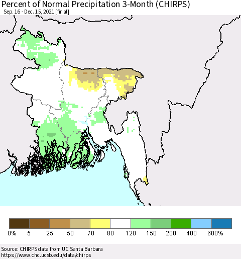 Bangladesh Percent of Normal Precipitation 3-Month (CHIRPS) Thematic Map For 9/16/2021 - 12/15/2021