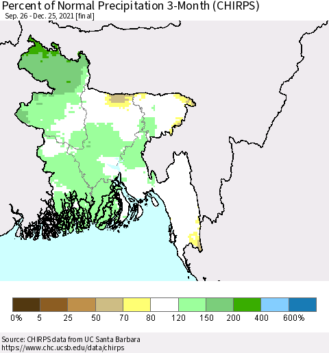 Bangladesh Percent of Normal Precipitation 3-Month (CHIRPS) Thematic Map For 9/26/2021 - 12/25/2021