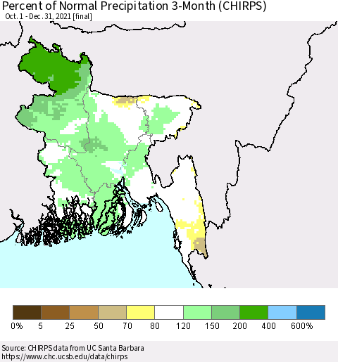 Bangladesh Percent of Normal Precipitation 3-Month (CHIRPS) Thematic Map For 10/1/2021 - 12/31/2021