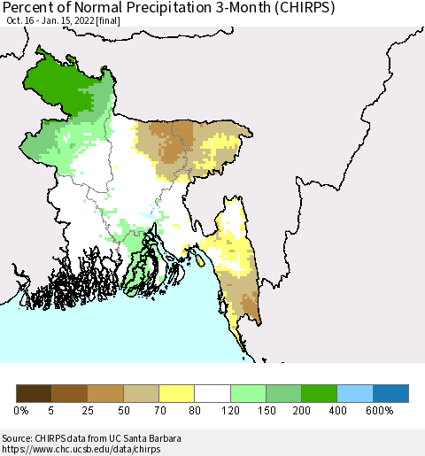 Bangladesh Percent of Normal Precipitation 3-Month (CHIRPS) Thematic Map For 10/16/2021 - 1/15/2022