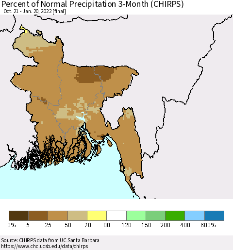 Bangladesh Percent of Normal Precipitation 3-Month (CHIRPS) Thematic Map For 10/21/2021 - 1/20/2022