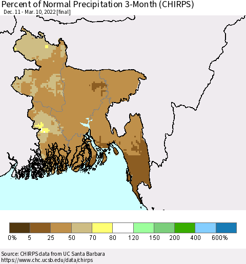 Bangladesh Percent of Normal Precipitation 3-Month (CHIRPS) Thematic Map For 12/11/2021 - 3/10/2022