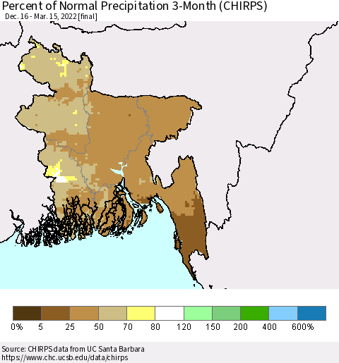 Bangladesh Percent of Normal Precipitation 3-Month (CHIRPS) Thematic Map For 12/16/2021 - 3/15/2022