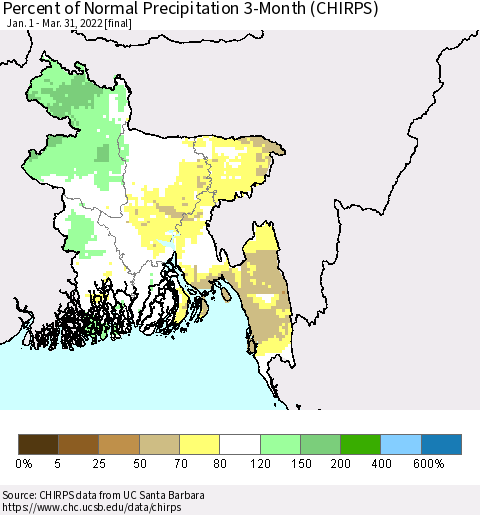 Bangladesh Percent of Normal Precipitation 3-Month (CHIRPS) Thematic Map For 1/1/2022 - 3/31/2022