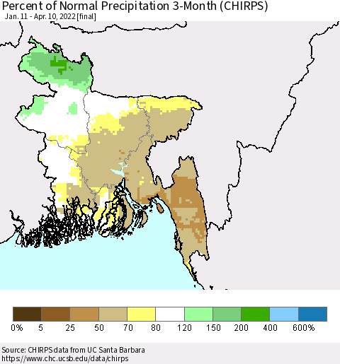 Bangladesh Percent of Normal Precipitation 3-Month (CHIRPS) Thematic Map For 1/11/2022 - 4/10/2022