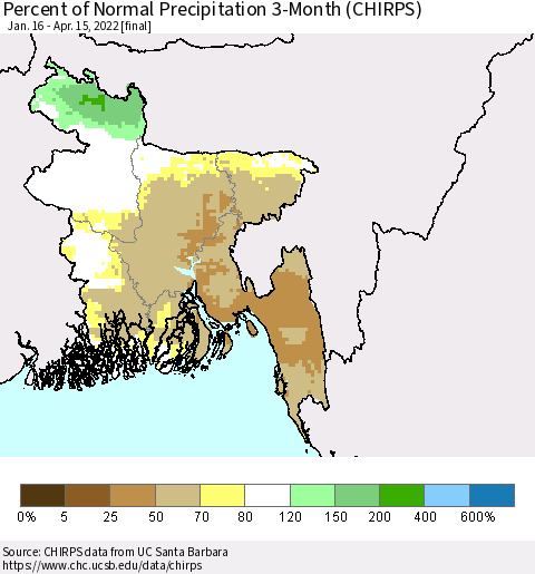 Bangladesh Percent of Normal Precipitation 3-Month (CHIRPS) Thematic Map For 1/16/2022 - 4/15/2022