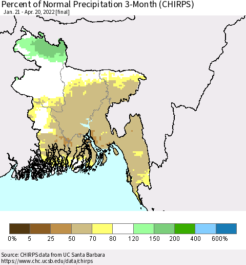 Bangladesh Percent of Normal Precipitation 3-Month (CHIRPS) Thematic Map For 1/21/2022 - 4/20/2022