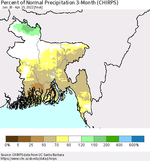 Bangladesh Percent of Normal Precipitation 3-Month (CHIRPS) Thematic Map For 1/26/2022 - 4/25/2022