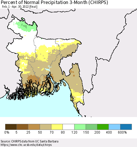 Bangladesh Percent of Normal Precipitation 3-Month (CHIRPS) Thematic Map For 2/1/2022 - 4/30/2022