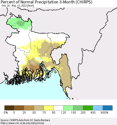Bangladesh Percent of Normal Precipitation 3-Month (CHIRPS) Thematic Map For 2/16/2022 - 5/15/2022