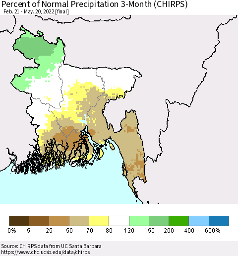 Bangladesh Percent of Normal Precipitation 3-Month (CHIRPS) Thematic Map For 2/21/2022 - 5/20/2022