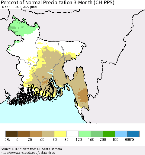 Bangladesh Percent of Normal Precipitation 3-Month (CHIRPS) Thematic Map For 3/6/2022 - 6/5/2022