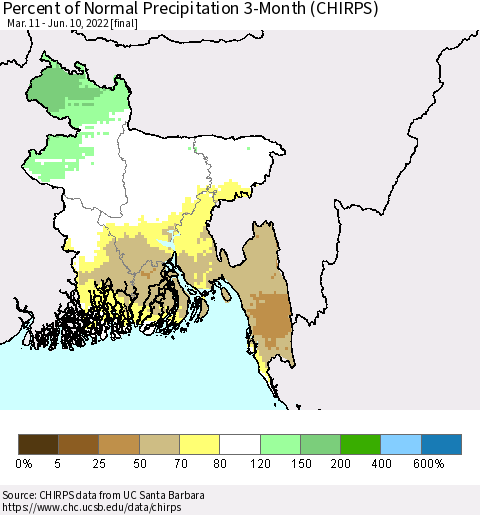 Bangladesh Percent of Normal Precipitation 3-Month (CHIRPS) Thematic Map For 3/11/2022 - 6/10/2022