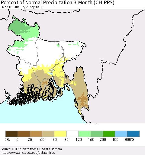 Bangladesh Percent of Normal Precipitation 3-Month (CHIRPS) Thematic Map For 3/16/2022 - 6/15/2022