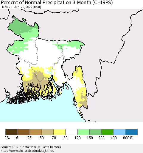Bangladesh Percent of Normal Precipitation 3-Month (CHIRPS) Thematic Map For 3/21/2022 - 6/20/2022