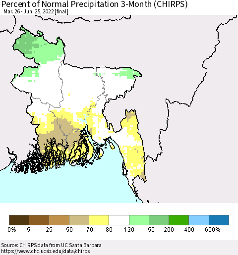 Bangladesh Percent of Normal Precipitation 3-Month (CHIRPS) Thematic Map For 3/26/2022 - 6/25/2022