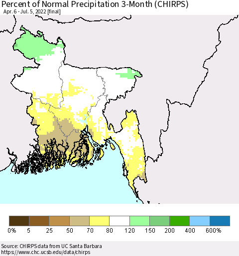 Bangladesh Percent of Normal Precipitation 3-Month (CHIRPS) Thematic Map For 4/6/2022 - 7/5/2022