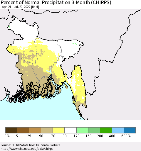 Bangladesh Percent of Normal Precipitation 3-Month (CHIRPS) Thematic Map For 4/21/2022 - 7/20/2022