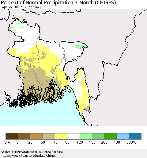 Bangladesh Percent of Normal Precipitation 3-Month (CHIRPS) Thematic Map For 4/26/2022 - 7/25/2022