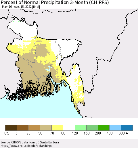 Bangladesh Percent of Normal Precipitation 3-Month (CHIRPS) Thematic Map For 5/16/2022 - 8/15/2022