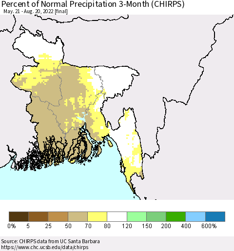 Bangladesh Percent of Normal Precipitation 3-Month (CHIRPS) Thematic Map For 5/21/2022 - 8/20/2022
