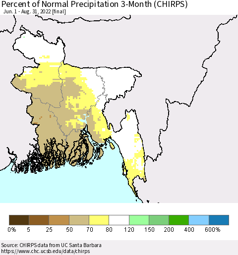Bangladesh Percent of Normal Precipitation 3-Month (CHIRPS) Thematic Map For 6/1/2022 - 8/31/2022