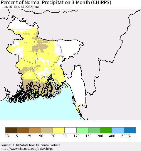 Bangladesh Percent of Normal Precipitation 3-Month (CHIRPS) Thematic Map For 6/16/2022 - 9/15/2022