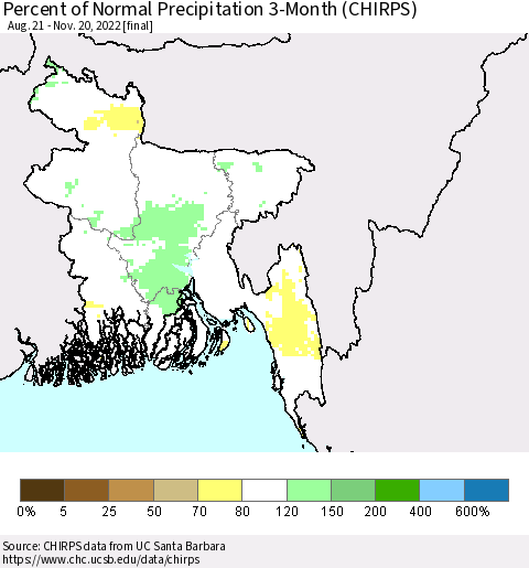 Bangladesh Percent of Normal Precipitation 3-Month (CHIRPS) Thematic Map For 8/21/2022 - 11/20/2022