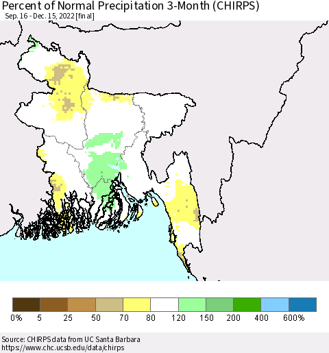 Bangladesh Percent of Normal Precipitation 3-Month (CHIRPS) Thematic Map For 9/16/2022 - 12/15/2022