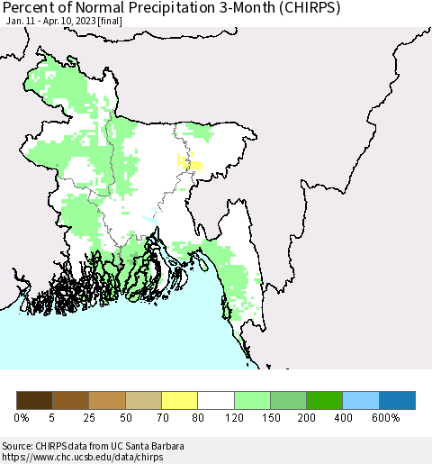 Bangladesh Percent of Normal Precipitation 3-Month (CHIRPS) Thematic Map For 1/11/2023 - 4/10/2023