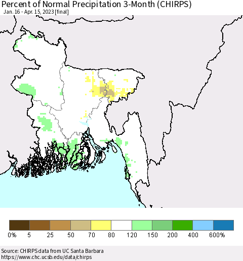 Bangladesh Percent of Normal Precipitation 3-Month (CHIRPS) Thematic Map For 1/16/2023 - 4/15/2023