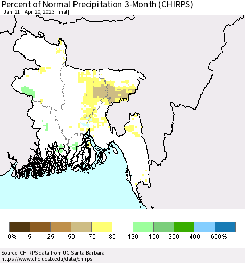 Bangladesh Percent of Normal Precipitation 3-Month (CHIRPS) Thematic Map For 1/21/2023 - 4/20/2023