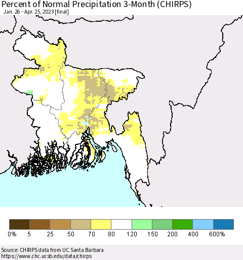Bangladesh Percent of Normal Precipitation 3-Month (CHIRPS) Thematic Map For 1/26/2023 - 4/25/2023