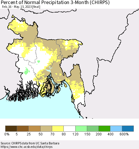 Bangladesh Percent of Normal Precipitation 3-Month (CHIRPS) Thematic Map For 2/16/2023 - 5/15/2023